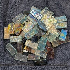 60 Glass tiles for crafts. Different colors and shapes.